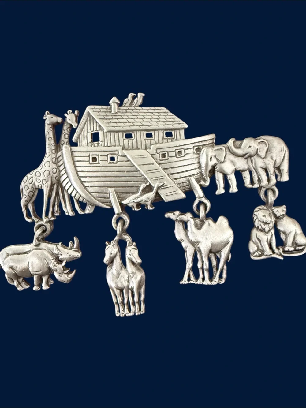 Vintage JJ Noah’s Ark Animal Dangle Brooch Pewter Tone Statement Pin Whimsigoth